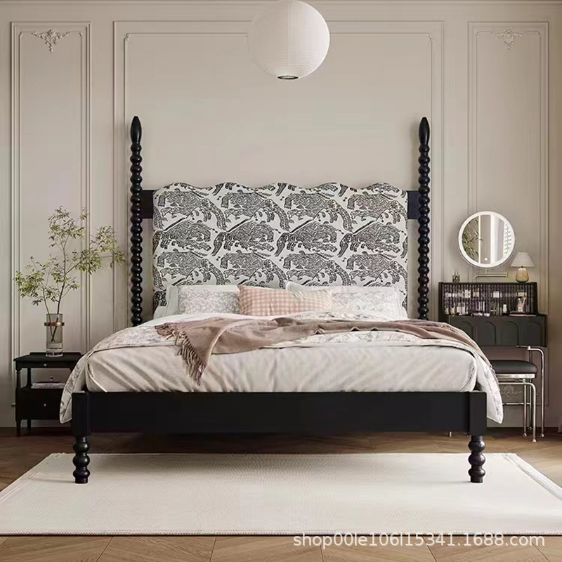 法式美式简约复古中古酒店卧室高背设计师家具民宿布艺柱子双人床