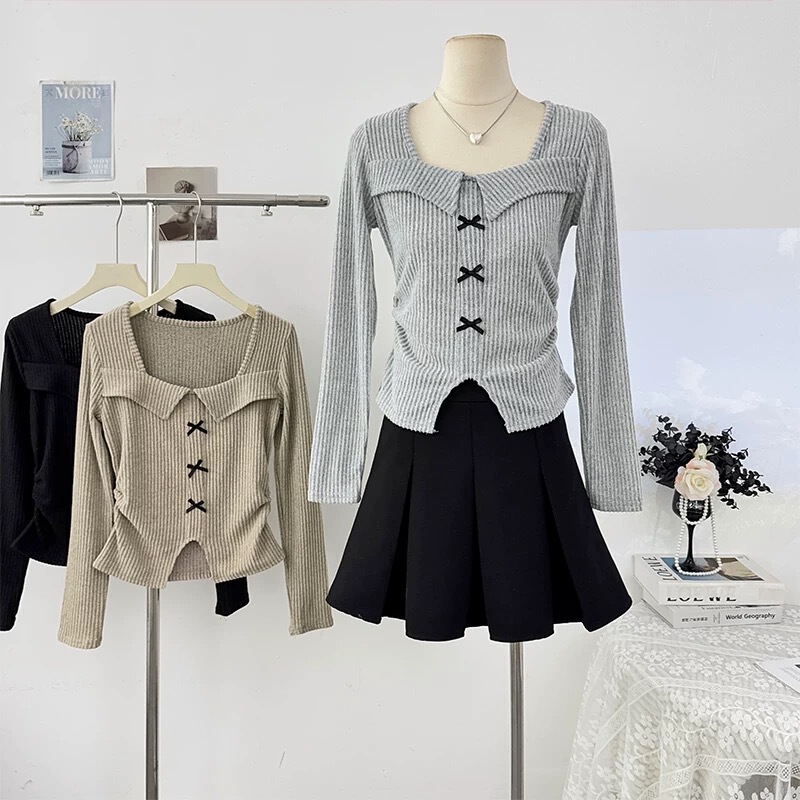 Korean Style Bow Square Collar Long-Sleeved Short Knitwear for Women Winter Waist Pleated Slimming Look Bottoming Shirt Top