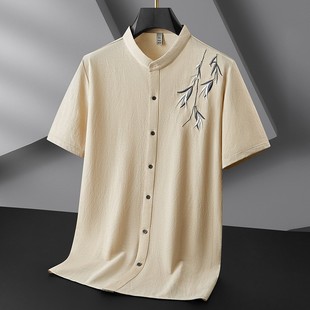 2025 Embroidered Leaves Half-sleeved Shirt Men's plus size Casual Top Fat Loose Cotton