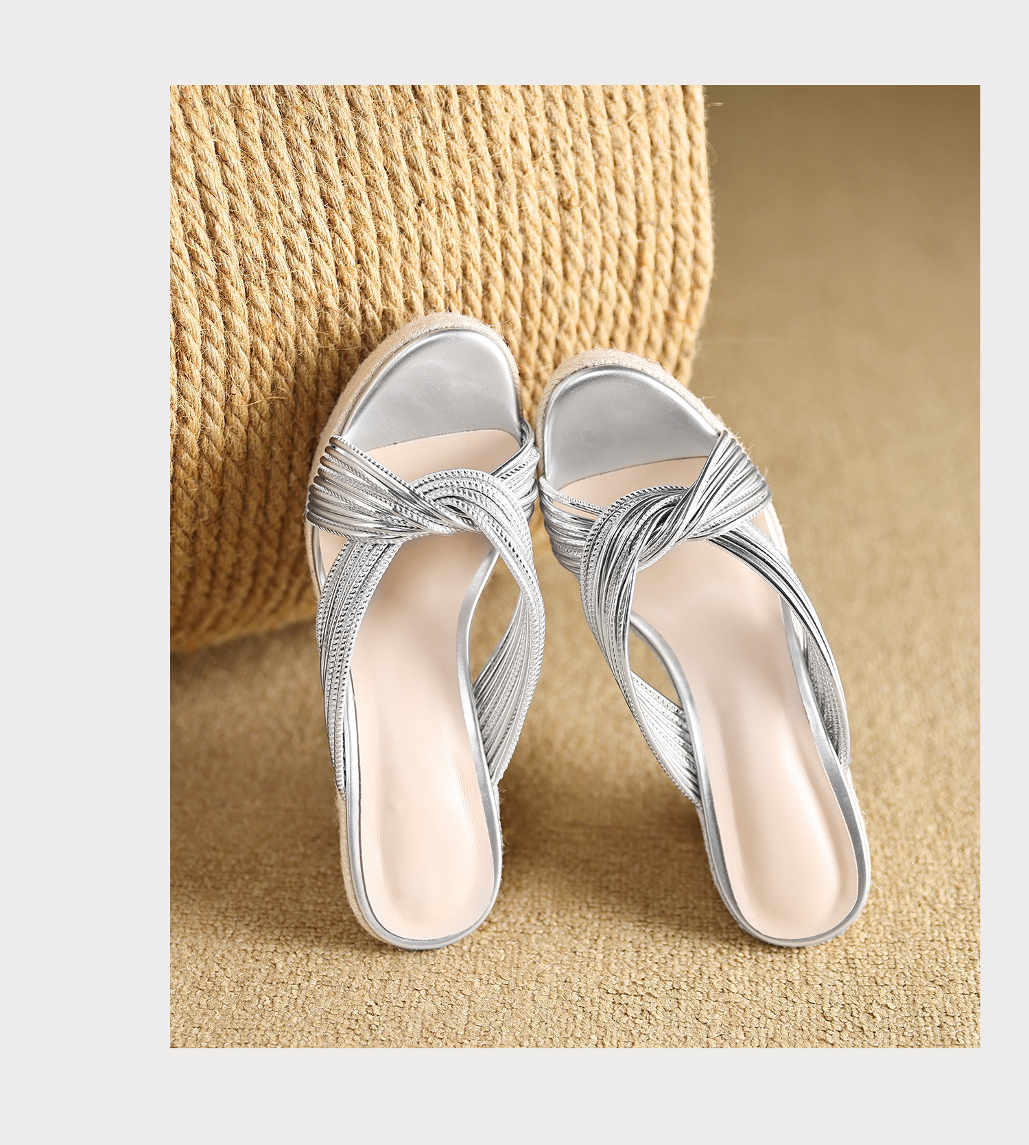 Sandal cao gót nữ đế đan rơm quai chéo bạc hở mũi phong cách Tân Trung Hoa — màu vàng, bạc chi tiết 19