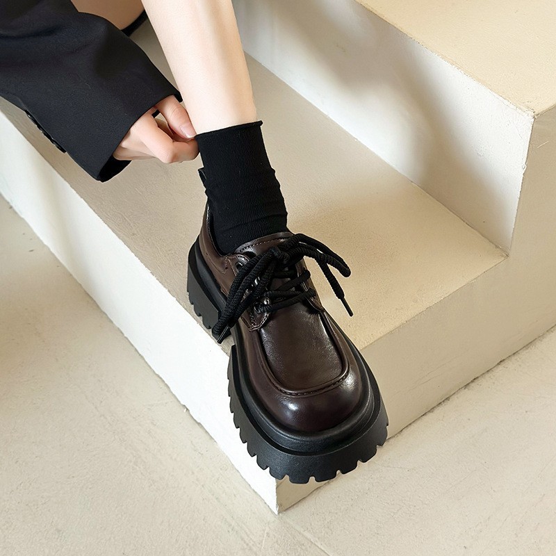 棕色增高厚底小皮鞋女2025新款秋季松糕英伦风复古jk圆头系带单鞋|undefined
