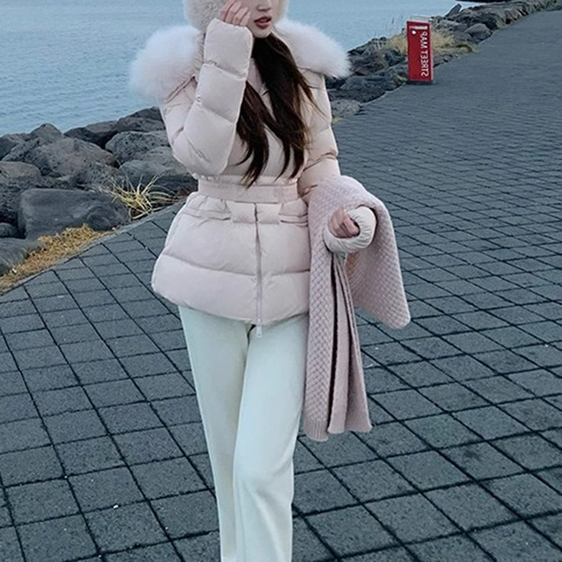 Fog Island Winter Night_90 Large White Duck down Slimming Fox Fur Collar Short Pink down Jacket Slim Fit Coat for Women