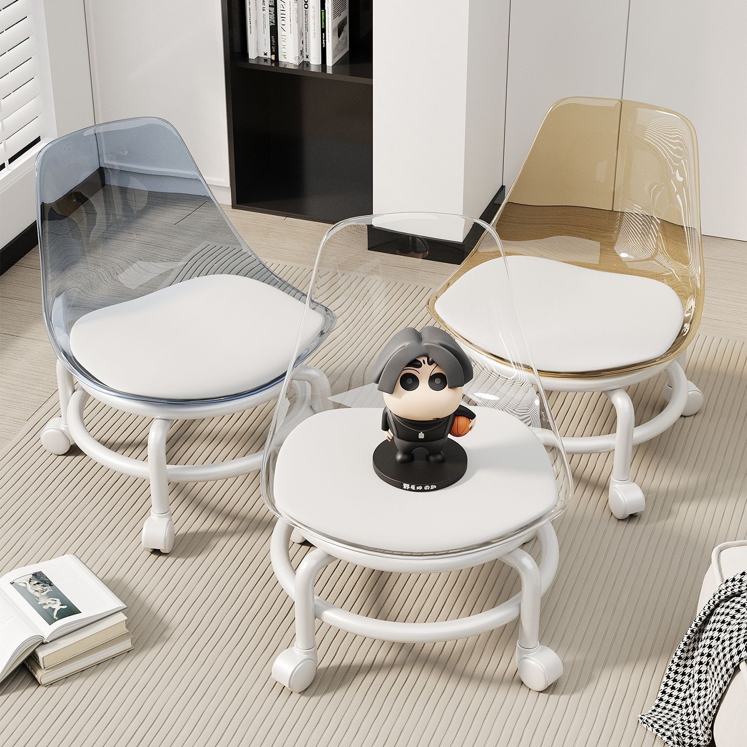 Taburete pequeño de acrílico, polea, taburete bajo, silla pequeña con rueda universal silenciosa para el hogar, silla de respaldo móvil para niños pequeños image 5