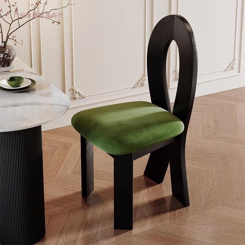 French Mid-Century Wabi-Sabi Style Dining Table and Chairs Solid Wood Dining Chair Home Restaurant Key Mermaid Back Chair Makeup Stool