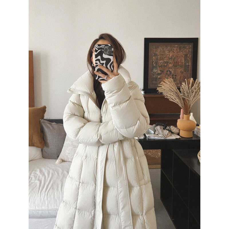 95 White Duck down Simple Pure Color Belt Style Extended Winter Temperature Control Matte Women's Lapel down Jacket
