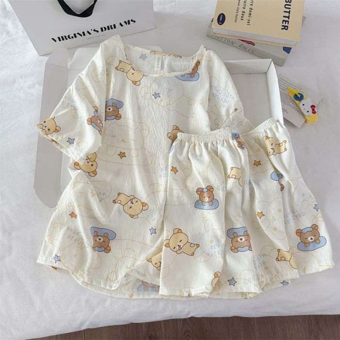 Venta al por mayor transfronteriza de pijamas vietnamitas verano femenino dibujos animados coreanos dulce y lindo estudiante estampado cuello redondo nube algodón estilo ins