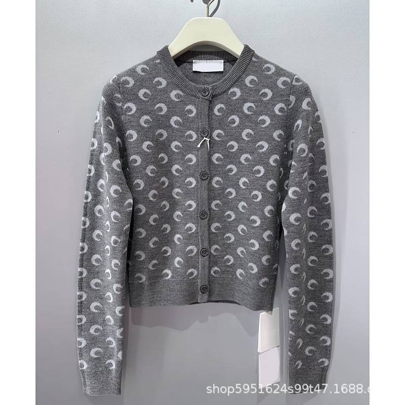 Ready for Shipment! 25 Autumn/Winter New Style Gray Moon Jacquard Knit Cardigan for Women, Round Neck Short Sweater Jacket