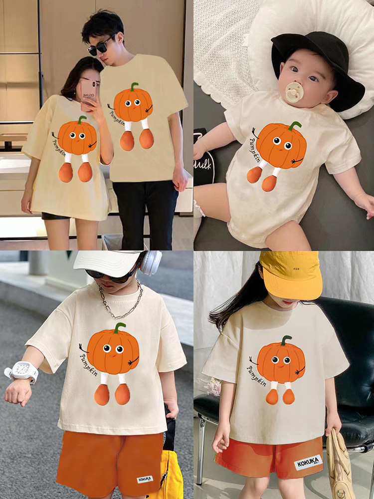 Korean-style Mother and Dresses 2024 Summer Family of Three and Four Baby Climbing Suit Parent-child Three-dimensional Pumpkin T-shirt Trendy