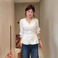 2025大码胖mm法式蕾丝拼接长袖白色衬衫女秋季显瘦感收腰衬衣上衣