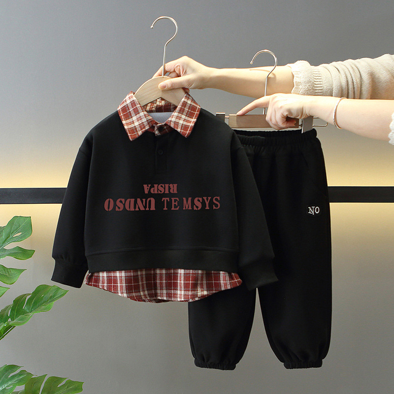 7674 Traje de primavera y otoño para niños Camisa de costura para niños Traje falso de tres piezas Ropa deportiva casual de primavera para niños