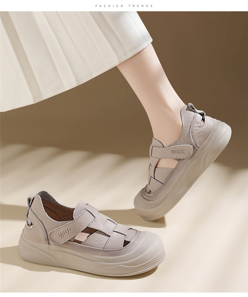 Sandal nữ đế dày da bò thật lỗ rỗng phong cách hở mũi mùa hè — 7111 kaki, 7111 màu be chi tiết 12