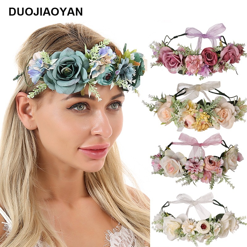 2pcs stage performance flower wreath hair clip for women girls creative manual cloth art big rose flower hair hoop wreath seaside holiday photos headdress