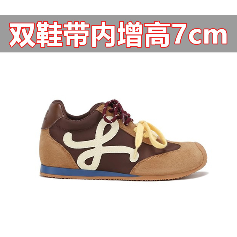 牛皮版~7cm厚底内增高鞋子复古歪头鸳鸯带休闲运动鞋女阿甘德训鞋|undefined