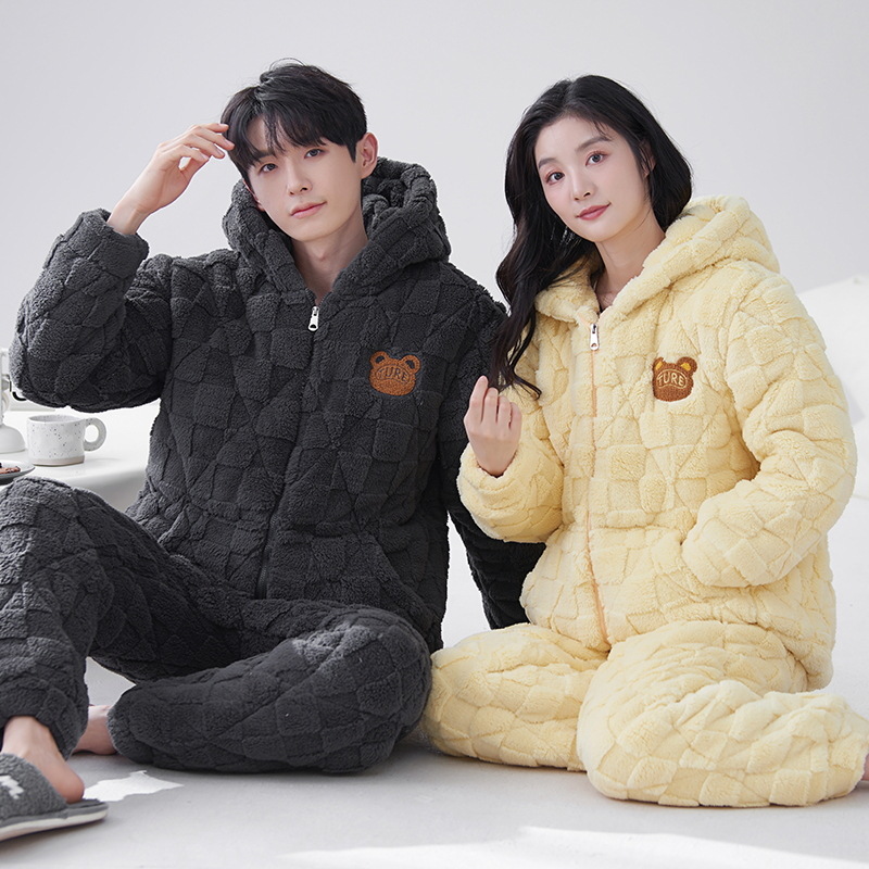 Nueva pareja de algodón acolchado pijamas hombres y mujeres de tres capas engrosadas de algodón acolchado cremallera collar soporte cremallera cálido hogar desgaste