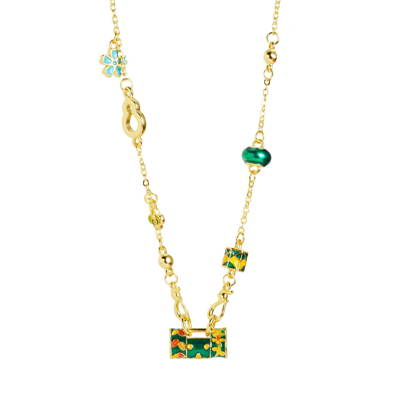 Nuevo collar chino de oro de arena vietnamita esmalte nacional de gota de esmalte de cerradura pequeña cadena de clavícula de mujer retro no se desvanece joyas