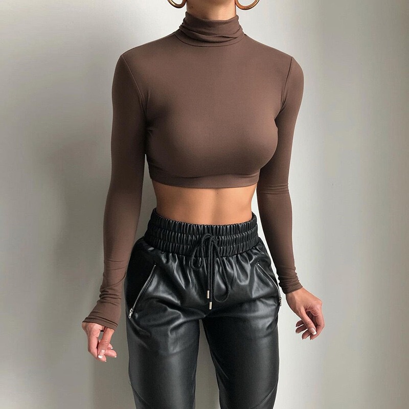 European and American Clothing Bottoming Shirt 2021 Autumn and Winter New T-Shirt Long-Sleeved Turtleneck Short Navel-Baring Sexy Slim Bottoming Shirt