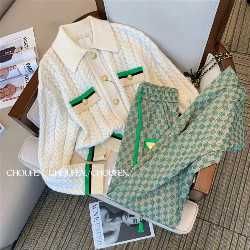 Xiaowangfeng Knitted suit 2022 New Women's Autumn High-end Elegance Casual Fashion Wide Leg Pants Two-piece Set Xiaowangfeng Knitted suit 2022 New Women's Autumn High-end Elegance Casual Fashion Wide Leg Pants Two-piece Set