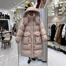 2025年手套款冬季新款羽绒服女中长款过膝连帽加厚收腰大口袋外套