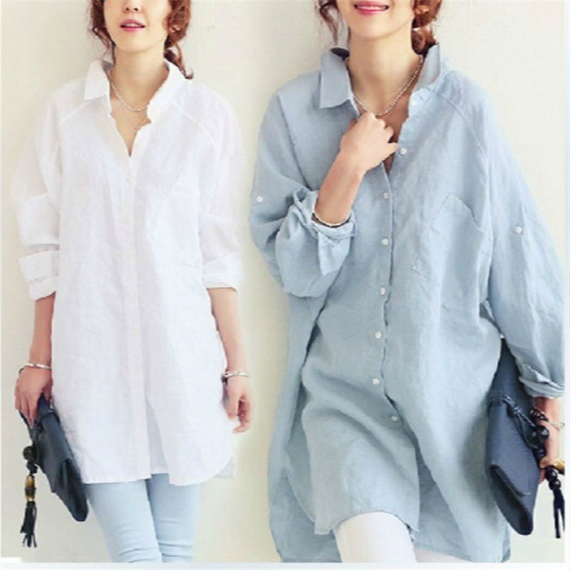 2026 Spring and Autumn New Style Artistic Solid Color Mid-Length Large Size Loose Versatile Cotton Linen Texture Dress Shirt for Women
