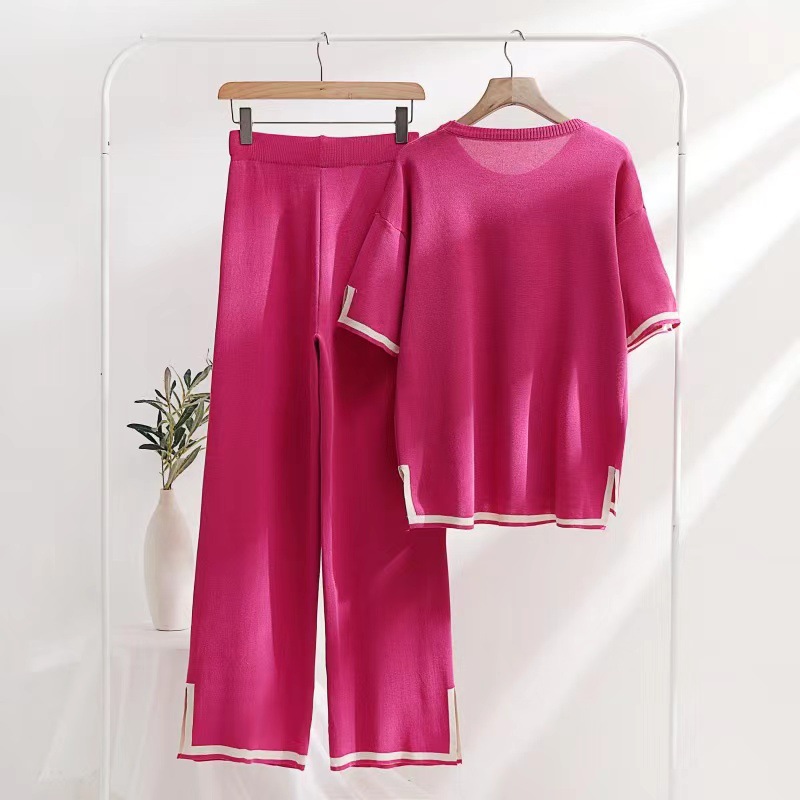 Traje de punto para mujer, estilo retro perezoso, top holgado de cuello redondo, pantalones ajustados de cintura alta, color de contraste, versátil, dos piezas a la moda_voghion.com