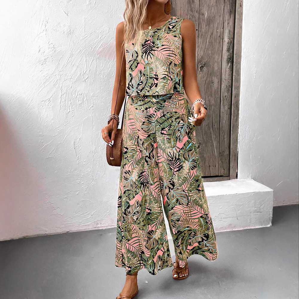 Damen-Set im Bohème-Stil: Top mit Print und Hose mit geradem Bein, europäisch-amerikanischer Stil, Sommer_voghion.com