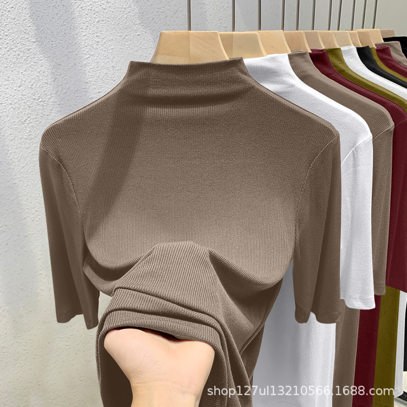 Women's Threaded Short-sleeved T-shirt New Explosive Spring and Summer Simple Half-high Collar Popular Fashionable Inner Base Shirt Top Women's Threaded Short-sleeved T-shirt New Explosive Spring and Summer Simple Half-high Collar Popular Fashionable Inner Base Shirt Top