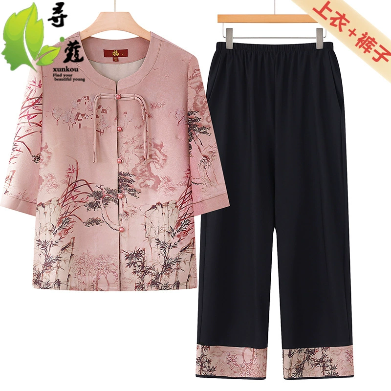 Бабушка летняя женщина 60-летняя пожилая женщина набор 80-летняя старушка набор из двух частей летняя женская одежда 2025 печать