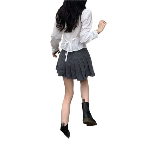 Sweet and Spicy College Style Long-Sleeve White Women's Spring and Autumn Tied-Waist Slimming Uniform Top with Unique Design