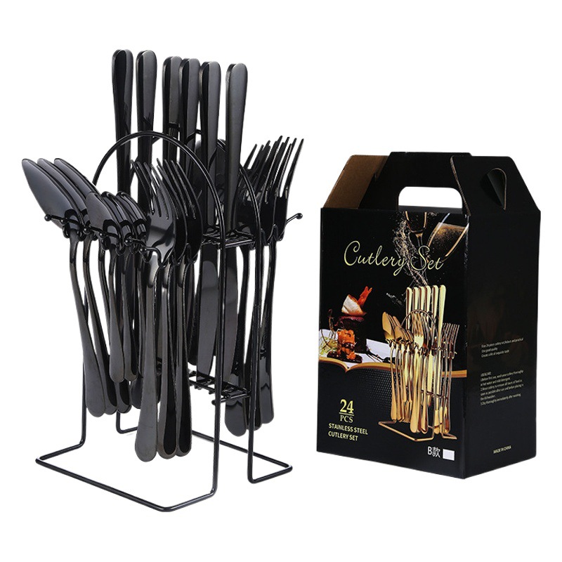 Nuevo cuchillo de vajilla de acero inoxidable transfronterizo, tenedor y cuchara Traje de 24 piezas con soporte de cuchillo, tenedor y cuchara de almacenamiento rack caja de regalo traje