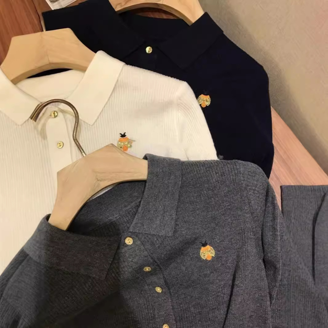 Spring and Autumn French Polo Lar Wool Cardigan Women's Loose Slim Sweater Soft Waxy Sweater Embroidered Jacket