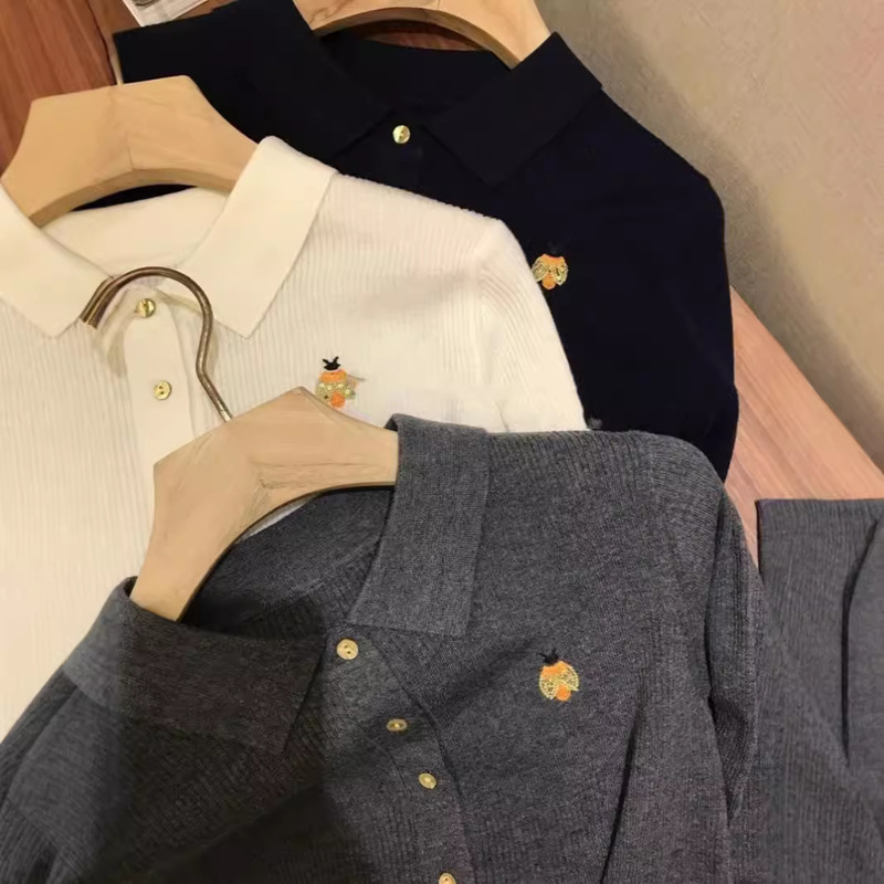Spring and Autumn French Polo Lar Wool Cardigan Women's Loose Slim Sweater Soft Waxy Sweater Embroidered Jacket