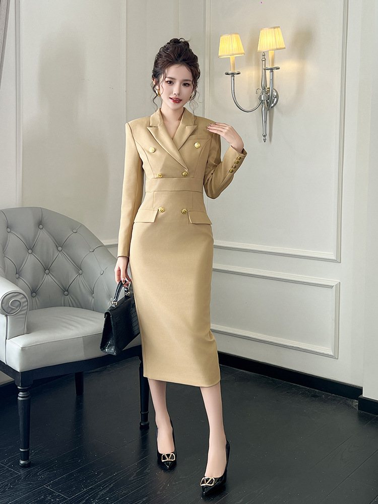 Đầm bodycon công sở cổ vest ôm eo chân váy dài — Màu vàng camel