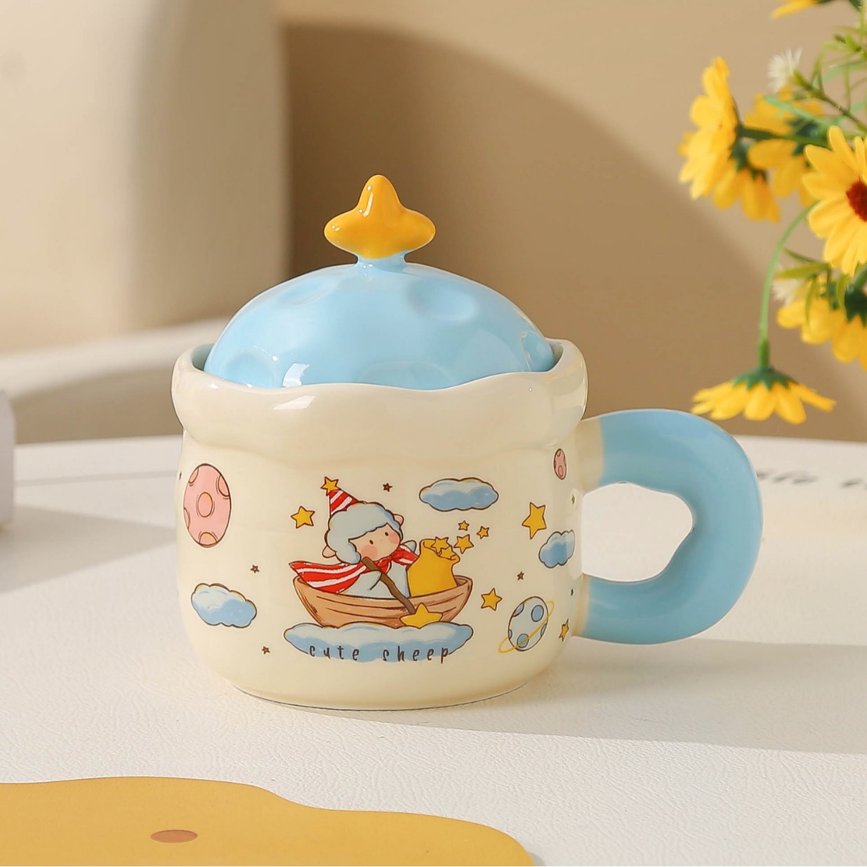 Copa de cerámica encantadora de dibujos animados planetas tazas con cubierta de cumpleaños para regalar tazas de agua de chicas regalo de mano tazas de oficina image 8