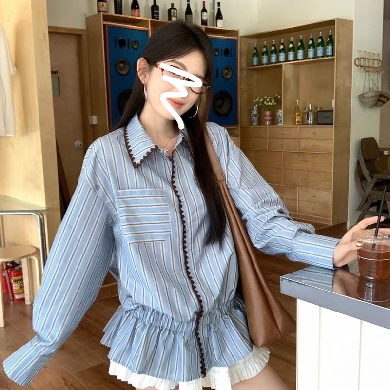 2025新款设计感撞色条纹长袖衬衫女装秋季小众休闲宽松POLO领上衣|undefined