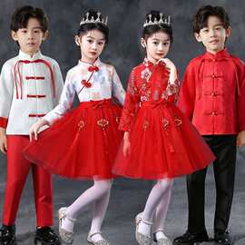 儿童演出服中国风喜庆蓬蓬裙合唱服幼儿元旦小学生诗歌朗诵服红色