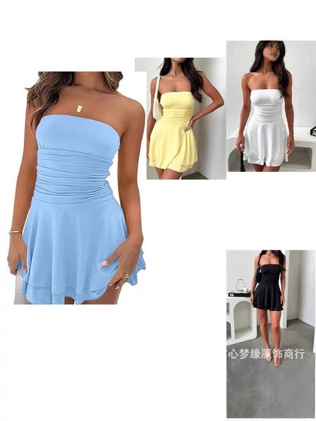 Women's 2025 Cross-Border European and American Summer Strapless Tube Top Dress Sexy Off-Shoulder Pleated Layered Elegant Fan