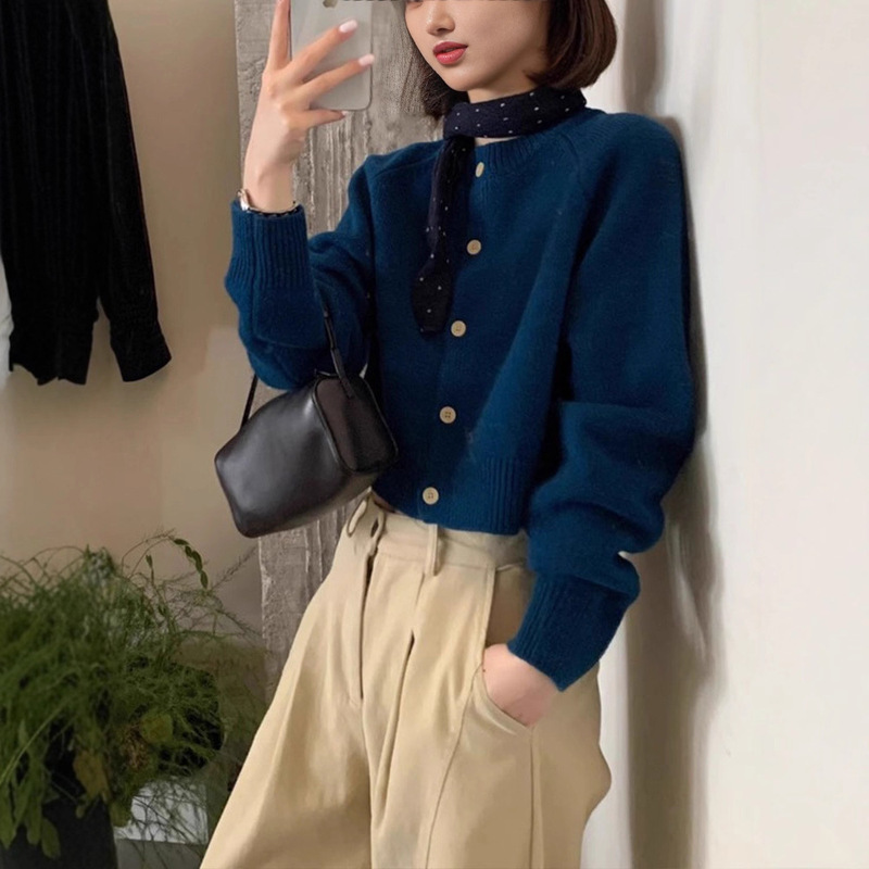 安可拉红秋冬毛衣外套女厚圆领短款针织开衫上衣韩版休闲百搭|undefined