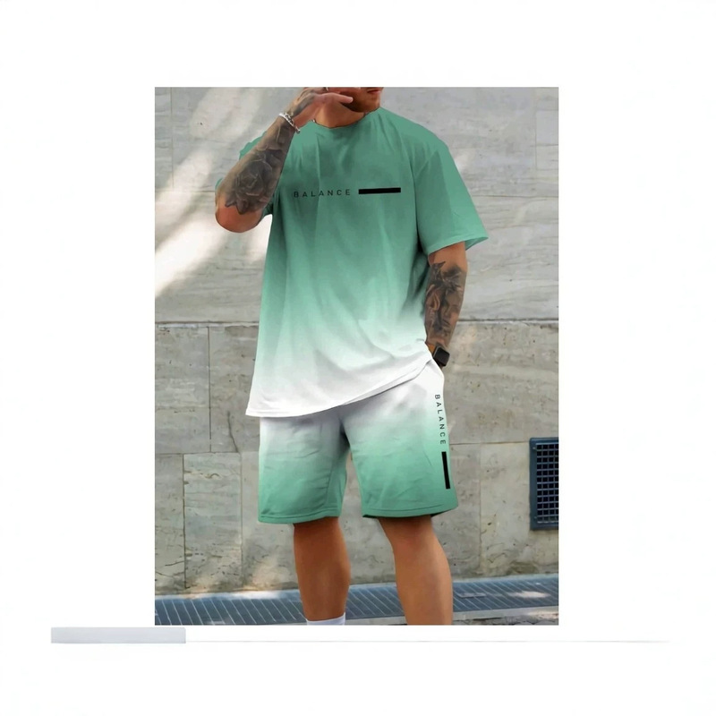 Cross-border Temu green and white gradient BALANCE letter men's short-sleeve shorts set factory wholesale