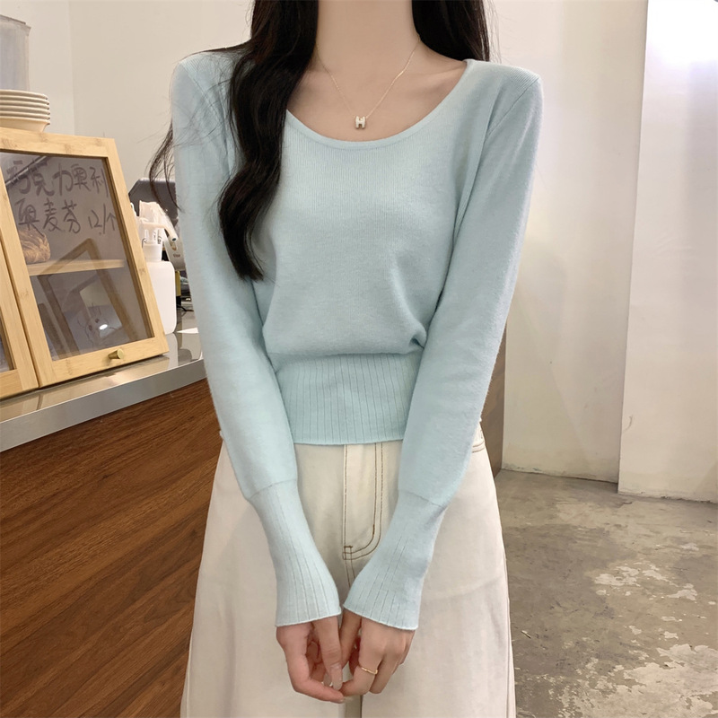 法式早秋低领露锁骨安迪绒针织打底衫女秋修身毛衣内搭长袖上衣|undefined