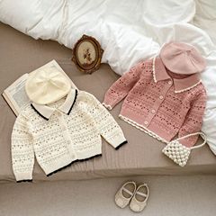 2024 spring baby girl's fashionable long-sleeved cardigan infant and toddler small fragrant lapel knitted hollow sweater jacket