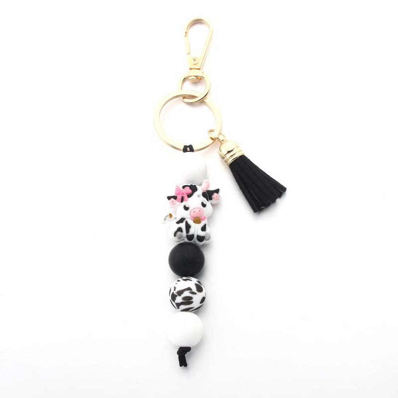 Cow Silicone Bead Set Pendant Leopard Print Pu Leather Black Tassel Pendant Cow Silicone Bead Keychain