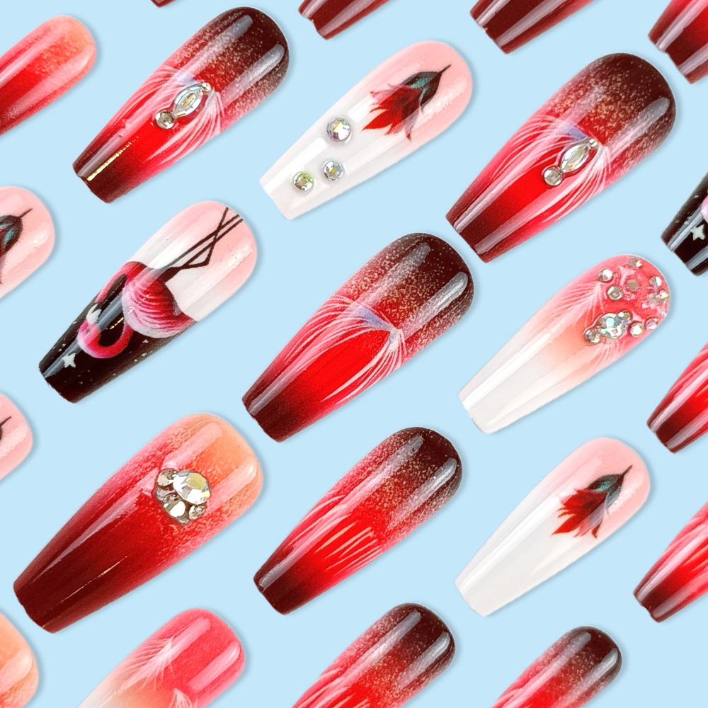 Extensiones de uñas largas estilo ballet, pegatinas de uñas rojo picante con diseño de cisne, pegatinas de uñas con diamantes de imitación, uñas postizas. image 4