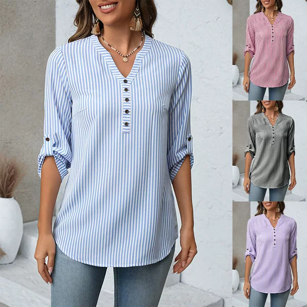 2026 Cross-Border European and American Amazon Spring and Summer New Fashion Casual Women's Clothing V-Neck Three-Quarter Sleeve Striped Design