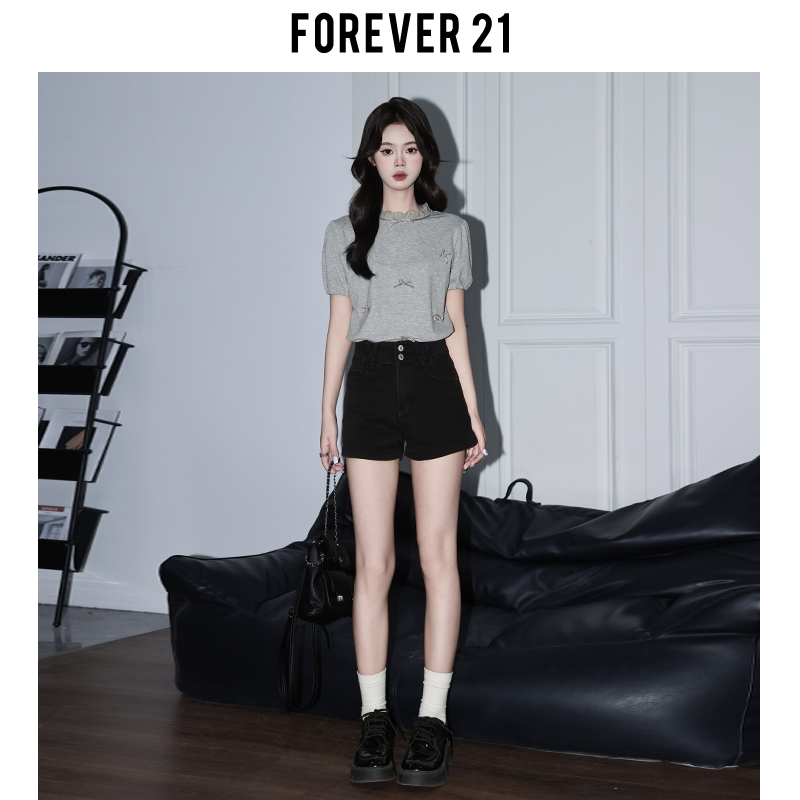 Forever21 アメリカンホットガールブラックハイウエストデニムショートパンツレディースサマーデザインAライン洋ナシ型ヒップカバーホットパンツ|undefined