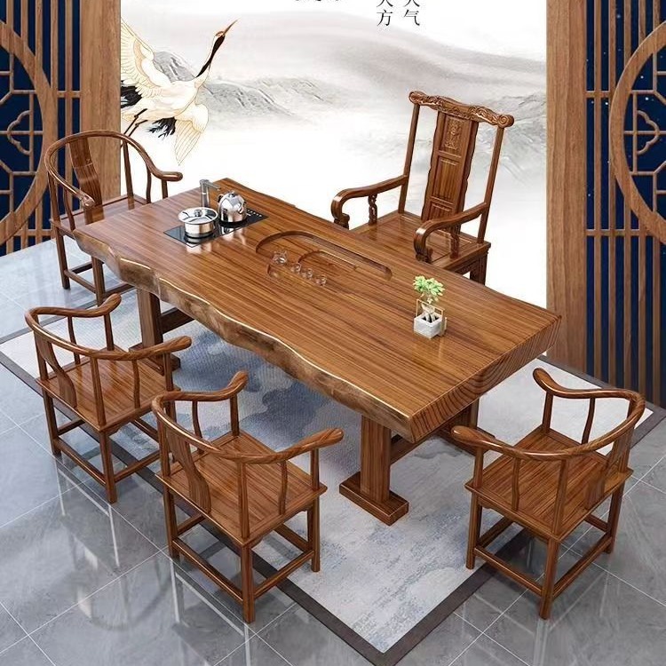 新中式原木一刀切茶桌椅组合实木茶桌台办公茶桌一体一整套家用