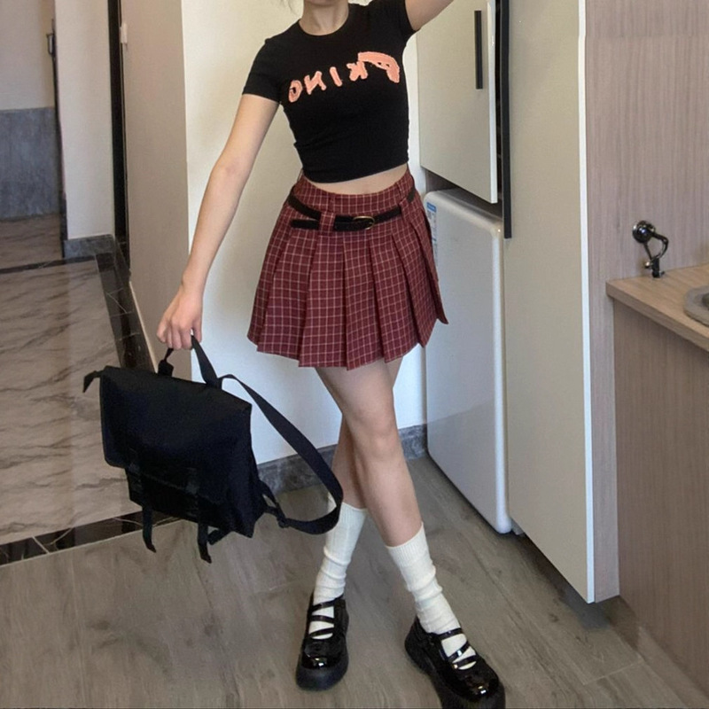美式复古设计感红色格子百褶裙女大码胖mm学院风半身裙甜辣妹短裙|undefined