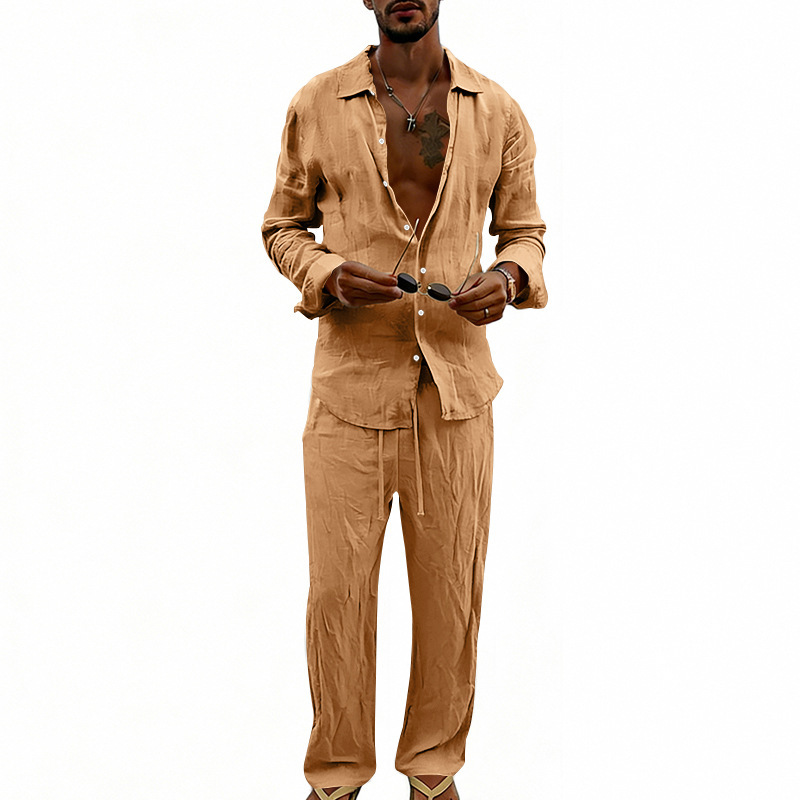 Unabhängige Website Herren-Freizeitanzug im amerikanischen Stil, locker sitzend, atmungsaktiv, aus Leinen, langärmeliges Hemd und gerade geschnittene Hose, für alle Jahreszeiten_voghion.com