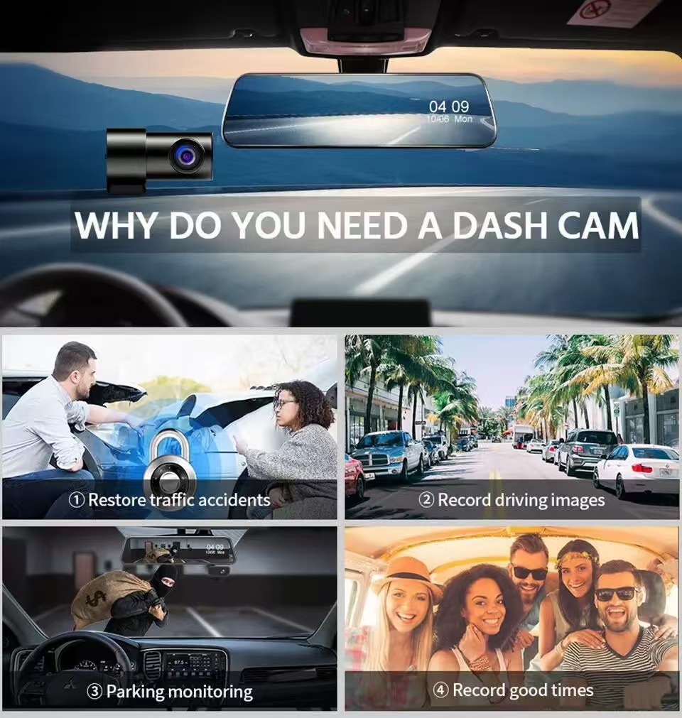 10 inch 3 lens streaming media rearview mirror front and rear lens car lens video HD night vision driving recorder