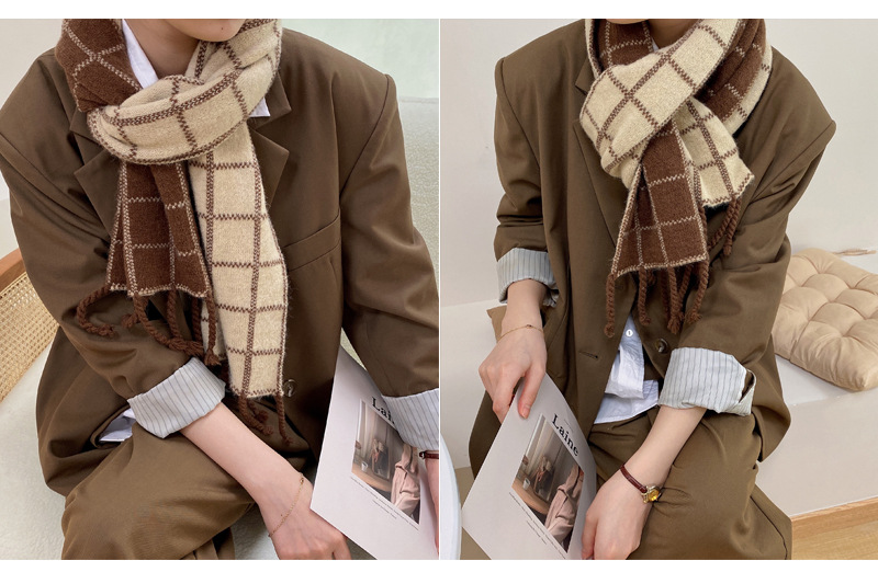 Plaid Tassel Autumn And Winter Knitted Warm Scarf display picture 5
