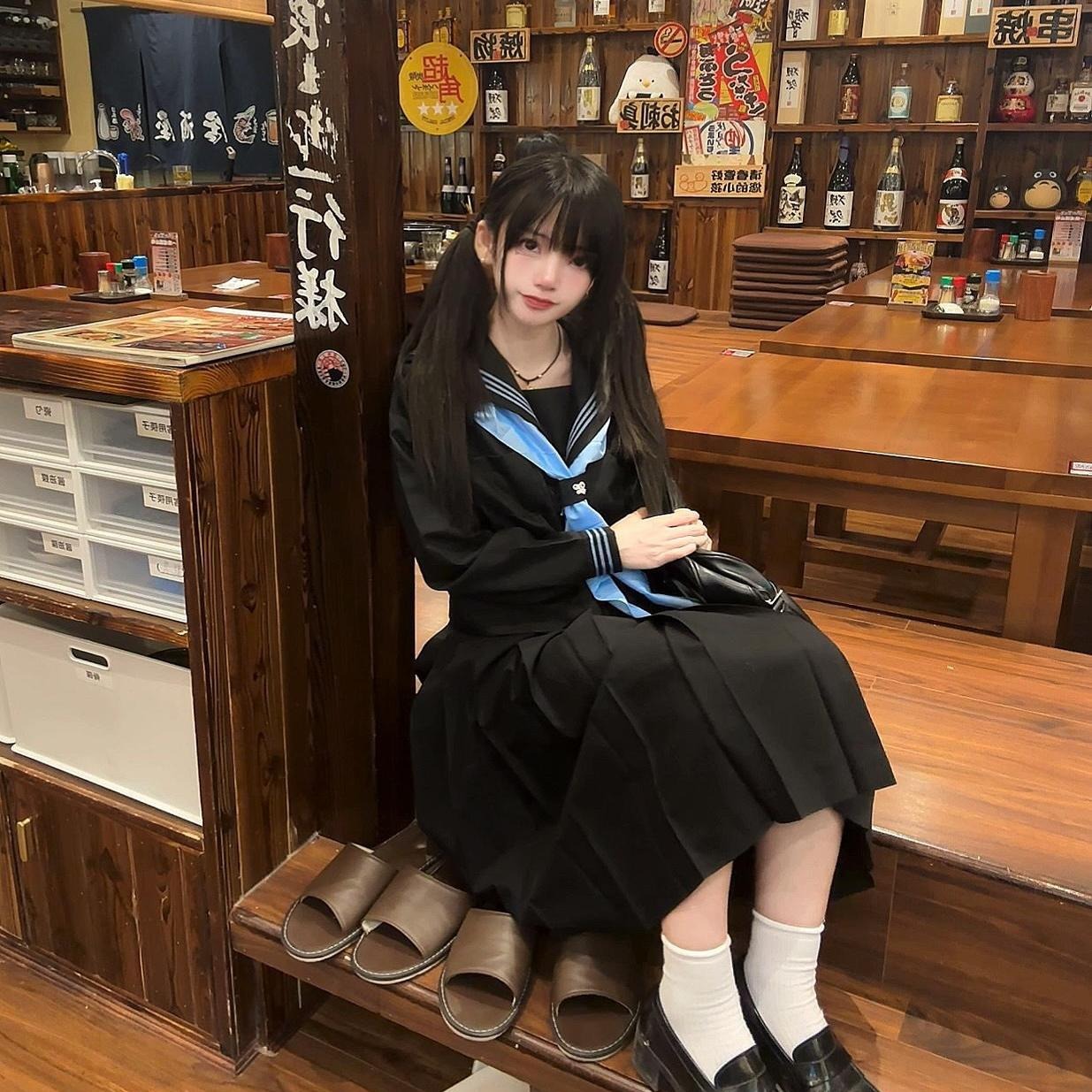 Genuine basic long-sleeved sailor suit Japanese school style jk uniform middle black mid-length skirt suit
